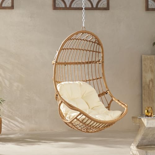 Image of Christopher Knight Home Mariah Wicker Hanging Chair with Cushion, Outdoor Indoor Basket Chair, Boho Garden Lounger Porch Swing Furniture, Modern Patio Decor, Light Brown and Beige