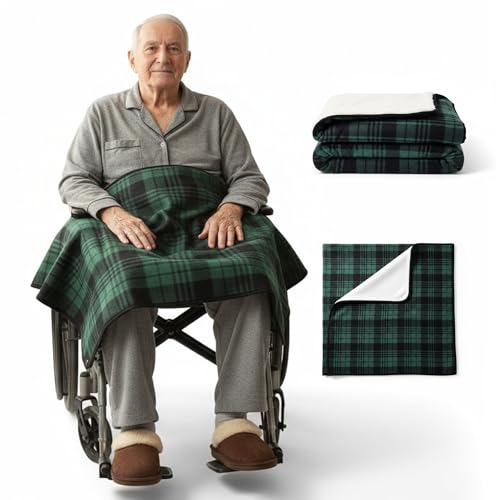 IHEALTHCOMFORT Wheelchair Lap Blanket for Seniors 43 * 28 Soft Sherpa Lined Knee & Lap Cover Warm Lightweight Throw with Snap Buttons Cozy Comfort for Elderly & Caregivers Green/Black Plaid
