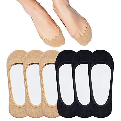 SIXDAYSOX Womens Socks No Show 6 Pack Invisible Liner non slip Socks for Flats Socks Size 9-11(Black,Nude)