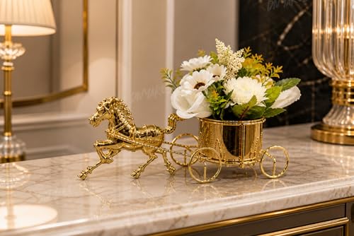 Image of Divyakosh Artificial Flower Vase, Golden Horse Chariot with Pre Fixed Flowers, Showpiece | Home Decoration Item for Living Room| Gift Items, Aesthetic Home Decor, Vase for Home Decor'