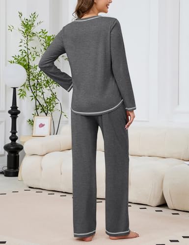 Image of KCW Womens Pajamas Sets 100% Cotton 2 Piece Lounge Set Long Sleeve Tops and Pants Soft Pjs Sleepwear with Pockets