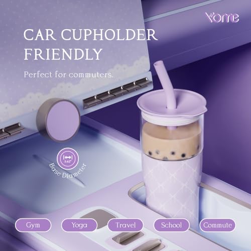 Image of YOME 20oz Elegant Purple Bow Insulated Glass Tumbler with Lid & Straw for Women Gift| Stainless Steel Iced Coffee Cup | Keep Drinks Cold |Cupholder Friendly |Ideal for Iced Coffee, Smoothies & Boba
