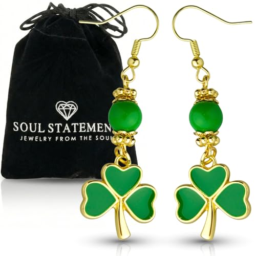 Lightweight Shamrock Dangle Earrings for St Patrick's Day Parties - Gold Plated Stainless Steel, Green Bead Clover St Patty's Day Accessories for Women, Good Luck Cute Festive Jewelry