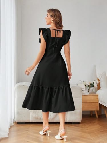 Image of Shasmi Girl's & Women's Solid Color Square Neck, Ruffle-Trimmed Hem Sleeveless, Ruffle Armhole and Casual Dress with Cinched Waist Vacation Outfits Woman (Dress 162)