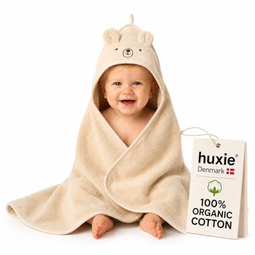 Image of Huxie Hooded Baby Towel – 100% Organic Cotton Baby Bath Towels – Baby Boy and Girl Newborn Essentials - Super-Soft and Absorbent. (Bear Fog)