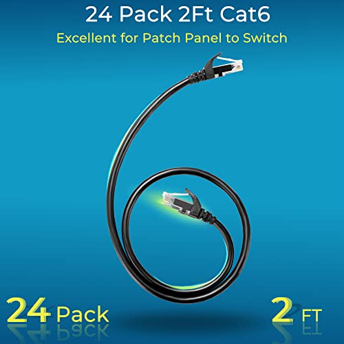 Rapink Patch Cables Cat6 2ft (24 Pack), Ethernet Patch Cable 10G, Cat 6 Patch Cable for Patch Panel to Switch, Flexiable Cat 6 Ethernet Cable with Gold Plated Black