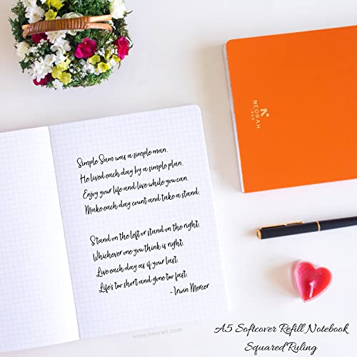 Image of NEORAH - A5 Checked Notebook (Square Ruling) SOFT COVER | Organiser REFILL | 110 GSM | 160 pages (Size 21 cm x 14.8 cm) Planner Journaling Writing Note Taking Diary, Travellers Journal - Orange