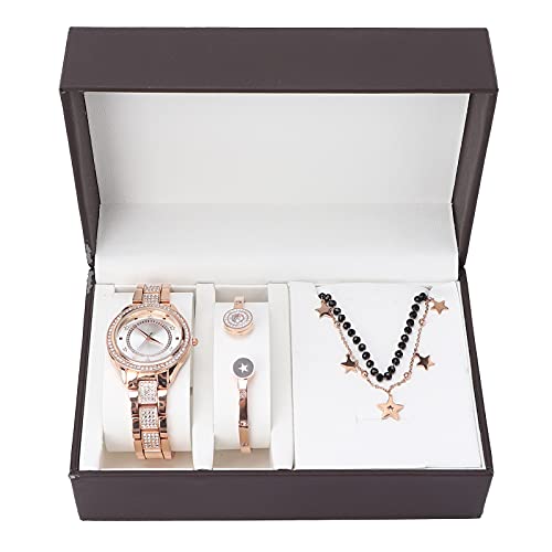 Juego de Joyas para Mujer: Reloj de Pulsera con Diamantes de Imitación, Pulsera y Collar - Oro Rosa y Oro para Mujeres y Niñas