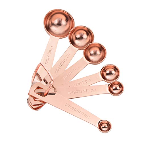 Measuring Spoons Set of 6 Pieces, Stainless Steel Measuring Spoon with D-RING Holder Measuring Dry and Liquid Ingredients (Rose gold)