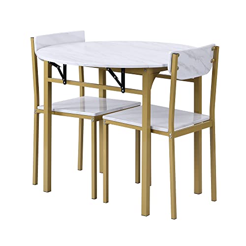 JIEJIEGAO Modern 3-Piece Round Dining Table Set with Drop Leaf and 2 Chairs for Small Places,Golden Frame+Faux White Granite Finish JIEJIEGAO Modern 3-Piece Round Dining Table Set with Drop Leaf and 2 Chairs for Small Places,Golden Frame+Faux White Granite Finish