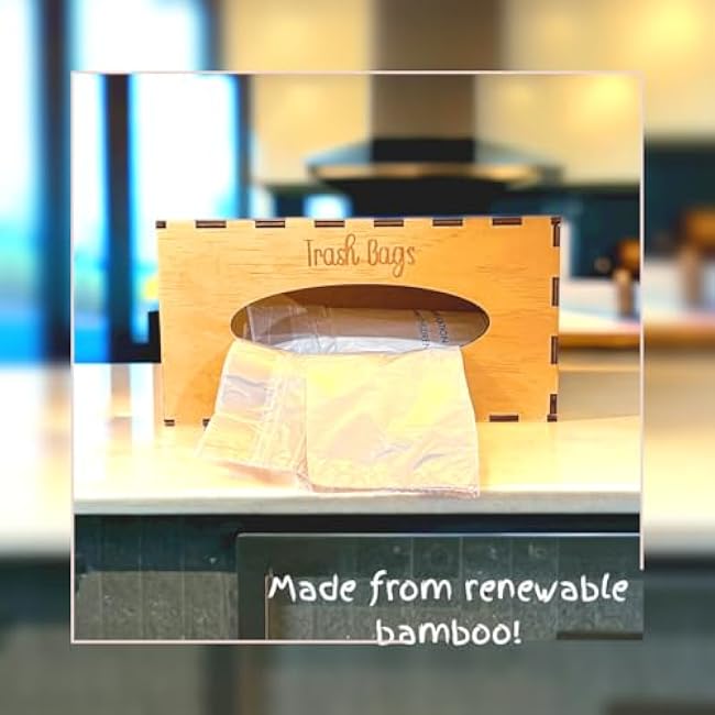 Bamboo Trash Bag Dispenser for Kitchen Storage and Organization, Decorative Trash Bag Holder and Organizer