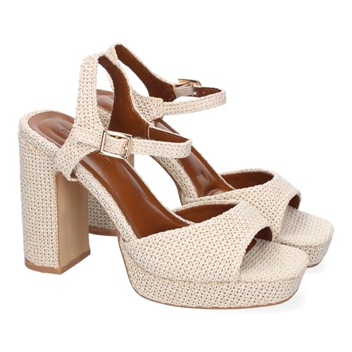 shoes&blues.es 91938 Sandalia de Tacon para Mujer, Comodas y Elegantes, Diseno Moderno con Pala Abierta y Cierre de Hebilla, Ideales para Primavera-Verano. Beige Talla 35