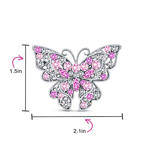 Large Pink Crystal Filigree Fashion Statement Butterfly Brooch Pin For Women Sliver Plated Brass #TOP3