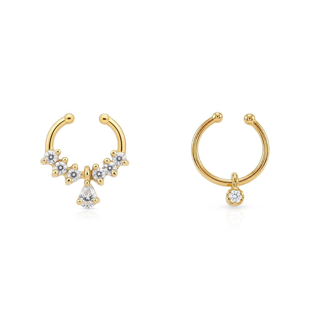 Pure 925 Silver Set of 2 Septum Nose Rings | Minimal Drop & Teardrop CZ Charm Dangle Hoops in Gold Finish | Open Circle & Curved Cubic Zirconia Line | Gifts for Women and Girls | With Certificate of Authenticity-image-36