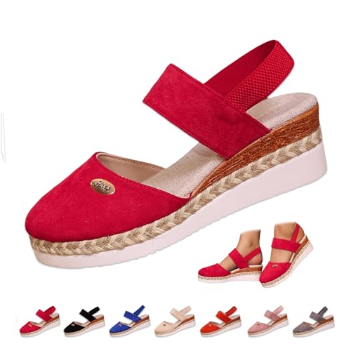 YHTRFDMSG Sandalias de plataforma con correa elástica en el tobillo para mujer, alpargatas de cuña con puntera cerrada, zapatos elegantes sin cordones (42 UE, rojo)