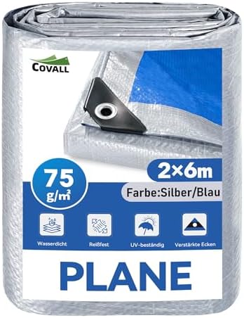 COVALL wasserdichte PE Plane 2 x 6 m – 75g/m², Silber/Blau Doppelseitig | UV- und reißfest, mit verstärkten Ösen – ideal als Unterlage, Campingplane, Wetterschutz für Garten, Auto