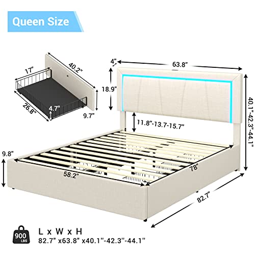 Dictac Queen Led Bed Frame With 4 Drawers And Usb Ports Upholstered Platform Bed Frame With Storage And Smart Rgb Led Headboard With 3 Side Lights Strip, Linen Fabric, No Box Spring Needed, Off White #TOP1