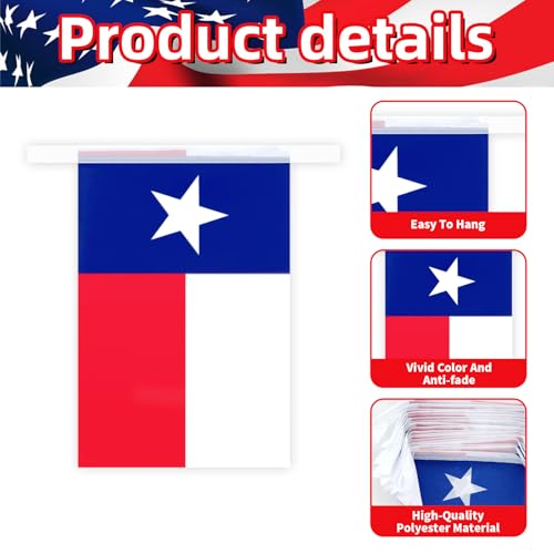 Image of 32.8 ft Texas Flag Banner, 30 Pcs Mini Lone Star String Flags, Red White Blue Bunting for Texas Independence Day, Western Party, Parades, Home, Garden, and Outdoor Decorations