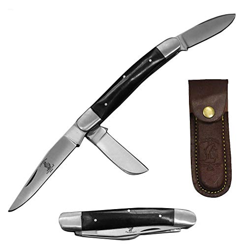 5" Black Bone Collector 3 Blade Bone Handle Folding Knife with Leather Sheath (Black Bone)