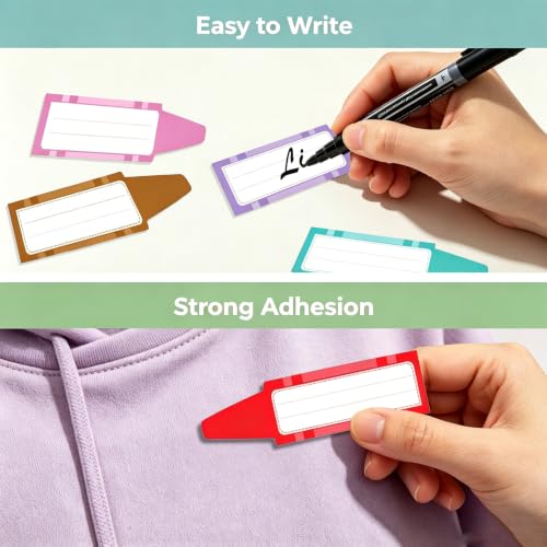 Qpout 180 Pcs Crayon Shaped Name Tag Labels, Self Adhesive Writable Crayon Box Desk Name Plates Stickers for Notebook Lunch Box Cubby Students Teacher Office Nursery Classroom Supplies - Image 5