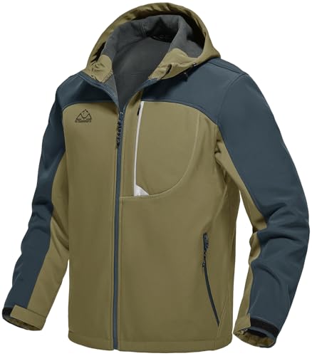 Rdruko Men's Soft Shell Jacket Full Zip Fleece Lined Waterproof Lightweight Outdoor Softshell Jacket Hooded, Khaki, US M