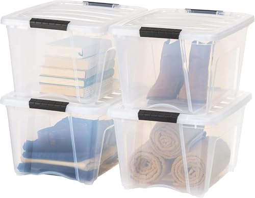 Image of IRIS USA 32 Qt Stackable Plastic Storage Bins with Lids, 4 Pack - BPA-Free, Made in USA - See-Through Organizing Solution, Latches, Durable Nestable Containers, Secure Pull Handle - Clear