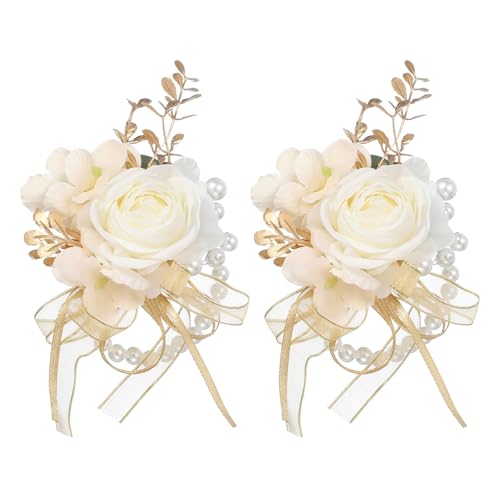 sourcing map 2 Pcs Cream Flower Wrist Corsage Bracelets Artificial Flowers Corsage Wristlet for Wedding Bride Ceremony Party Anniversary Prom