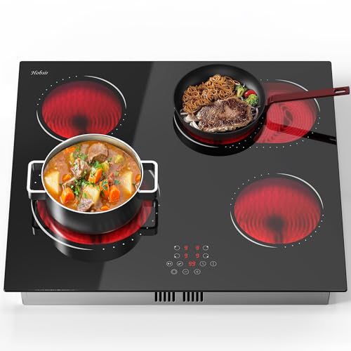 Hobsir Piano Cottura in Vetroceramica 4 Fuochi, Piano Cottura Vetroceramica 4 Zone con Zona Flex, Sensore a Sfioramento, 60 CM, 6600 W, 9 Modalità, Cablato