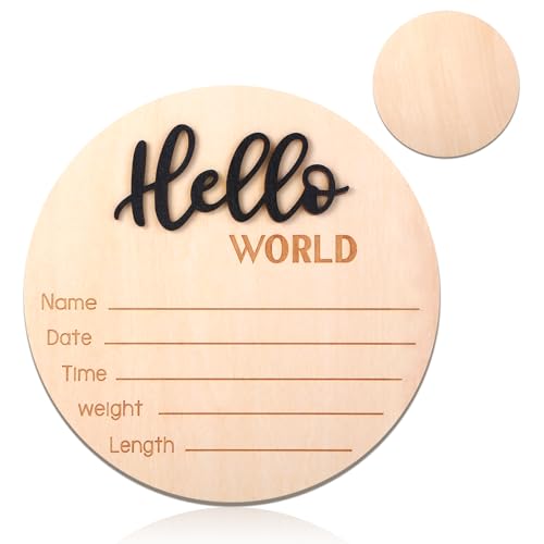 Image of Wooden Baby Announcement Sign, 5.9 Inch Hello World Newborn Sign, Hospital Birth Stat Plaque, Hospitals, Homes, Nurseries, Suitable for Newborn Boys and Girls, Birth Souvenir (Black)