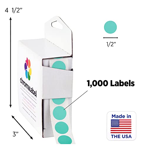 Chromalabel 0.50 Inch Round Label Permanent Color Code Dot Stickers, 1000 Labels Per Dispenser Box, Aqua #TOP1