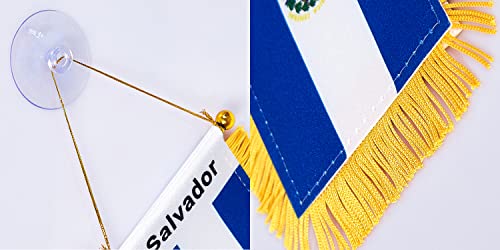 Wxtwk 3 X 5 Inch Salvador Flag Salvadorans Window Hanging Flag Small Mini Car Flags Banners Rearview Mirror Decoration With Suction Cup Golden Fringy Banner #TOP2