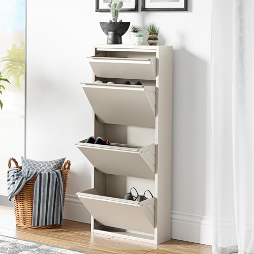 [en.casa] Zapatero de Pared Sokndal Organizador de Zapatos con 3 Puertas para 6 Pares y 1 Compartimento Pequeño Mueble de Calzados para Entrada Pasillo Metal 118 x 50 x 15 cm - Blanco Roto