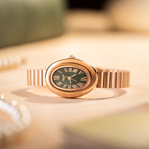 Image of Carlton London Women Daphne Analog Watch, Oval Dial, Stainless Steel Strap, Quartz Movement, Green Dial, Rose Gold Strap, 30M Water Resistant, Casual Wear | CL-DA-GRN