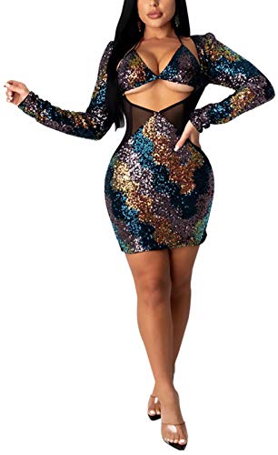 Aro Lora Womens Sexy V Neck Halter Glitter Sequin Sheer Mesh Cut Out Bodycon Mini Dress Medium Blue