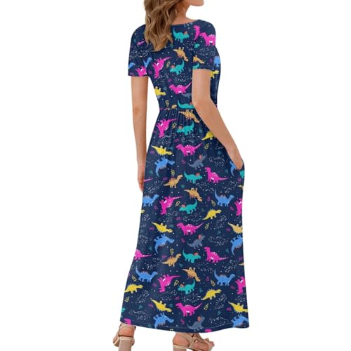 Image of Women's Fall Summer Short Sleeve Ankle Length V-Neck Party Dress with Pockets Size S-3XL