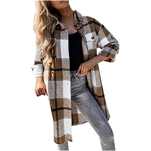 Fashion Shacket Jacket Women Long Sleeve Open Front Cardigan Plaid Printing Blouse Woolen Coat Fall Outerwear Tops