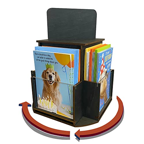 Rotating Greeting Card Display Stand, 1 Tier Wooden Organizer, 4-Sided Display Rack 360 Degree Spinning Multi-Pocket Display for Coasters, Stickers, Retail, Showcase, Tradeshow, 12.5”H (Ebony)