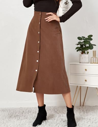 IDEALSANXUN Corduroy Skirt Women Fall Winter Elastic High Waisted Button A Line Vintage Cute Midi Skirts with Slit2