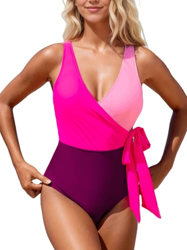 CUPSHE Women's One Piece Swimsuit Color Block Bathing Suit V Neck Wrapped Self Tie Swimwear