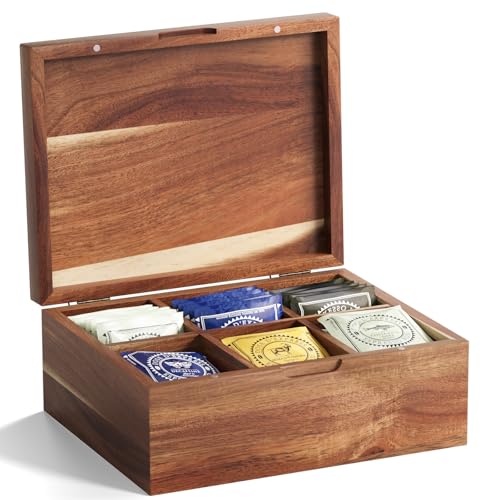 Danfoxer Acacia Wood Tea Bag Storage Box with 6 Compartments