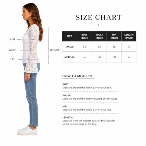 Image of Women's White Lace Top with Bell Sleeves | Square Neck Fitted Blouse | Elegant Long Sleeve Floral Lace Top for Casual Wear, Party, Date Night & Going Out