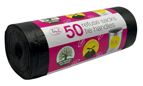 50 TidyZ Heavy-Duty Black Bin Bags. Made from 100% Recycled Plastic. Extra Strong Refuse Sacks with Tie Handles. 50L. For Kitchen Office and General Household Waste