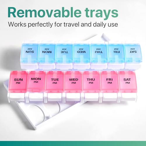 Image of Sukuos Weekly Pill Organizer 7 Day 2 Times A Day, AM PM Medicine Pill Box with Easy Push Button, BPA Free Vitamin Cases for Fish Oil /Supplements, Easy to Clean (Red&Blue)