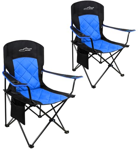 FAIR WIND 2 Pack Oversized Fully Padded Camping Chair Heavy Duty Quad Fold Arm Chair Support 350 LBS with Cup Holder, Collapsible Lumbar Back Chair Portable for Outdoor, Blue