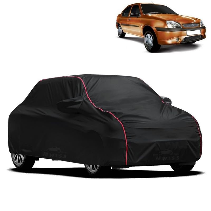 Image of Waterproof Car Cover for Ford Ikon | All-Weather Protection, Dustproof & UV Resistant | Triple Stitched Mirror Pockets, Windproof Buckle Strap with Elastic Hem, Black-Red Piping
