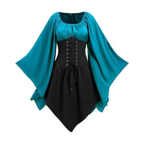 NFAOEGJ Damen Mittelalter Kleid mit Trompetenärmel,Traditionelles irisches Kleid für Damen Renaissance Karneval Kostüm Cosplay Party Halloween...