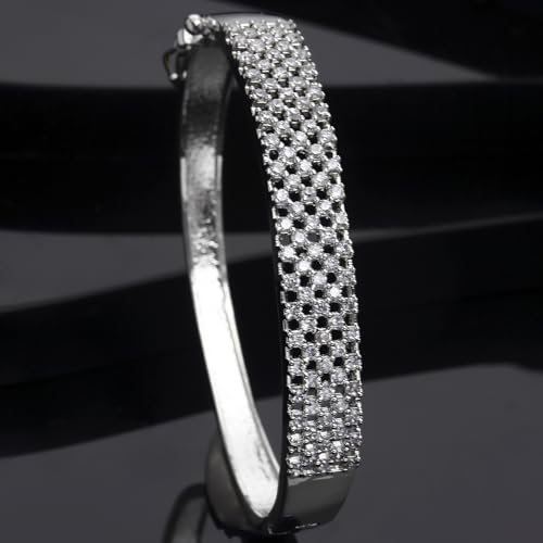 Image of ZENEME Rhodium-Plated Silver Toned American Diamond Studded Contemporary Kada Bracelet For Girls and Women