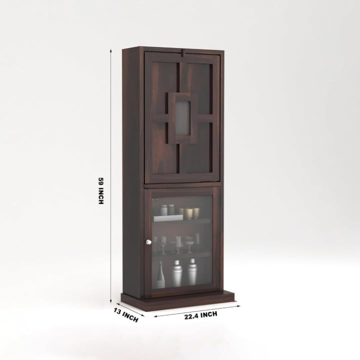 Image of Wooden Bar Cabinet for Home - Large Bar Unit for Living Room with Wine Rack - Foldable Table & Glass Door Storage | Sheesham Bar Table for Home & Bar Counter (Natural)