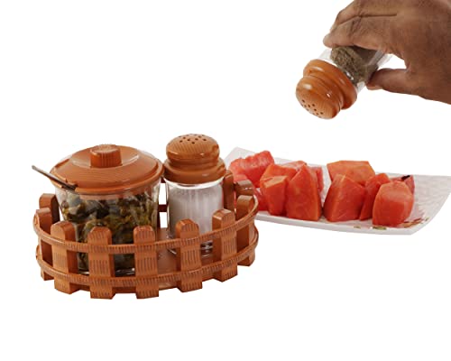 Image of Nabhya Complete Dining Table Set of Pickle Jars, Salt and Pepper Dispenser, Toothpick Holder and Spoon Holder(Wooden Look Design, Plastic) (Table Top)