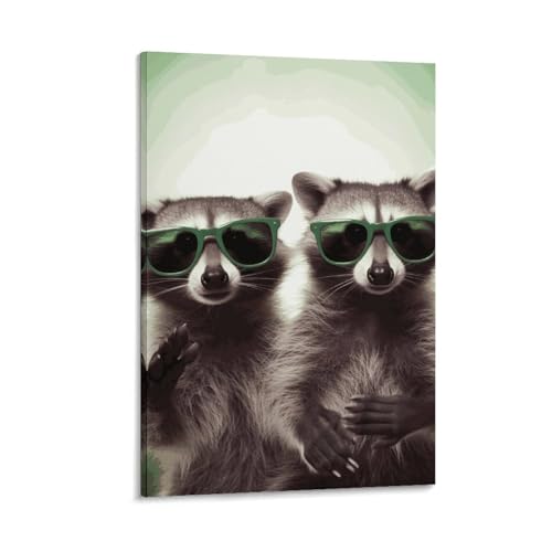 Raton laveur vert drôle avec lunettes de soleil sur toile moderne